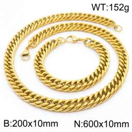 10mm 600mm Stainless Steel Sets Cuban Chain Bracelet Necklace Gold Color