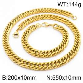 10mm 550mm Stainless Steel Sets Cuban Chain Bracelet Necklace Gold Color