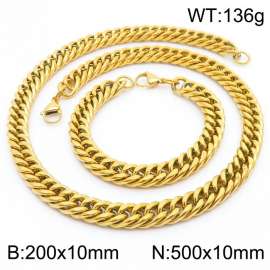10mm 500mm Stainless Steel Sets Cuban Chain Bracelet Necklace Gold Color