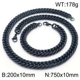 10mm 750mm Stainless Steel Sets Cuban Chain Bracelet Necklace Black Color