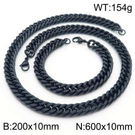 10mm 600mm Stainless Steel Sets Cuban Chain Bracelet Necklace Black Color