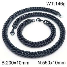 10mm 550mm Stainless Steel Sets Cuban Chain Bracelet Necklace Black Color