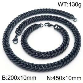 10mm 450mm Stainless Steel Sets Cuban Chain Bracelet Necklace Black Color