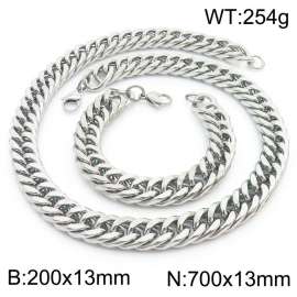 13mm 700mm Stainless Steel Sets Cuban Chain Bracelet Necklace Silver Color