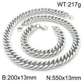 13mm 550mm Stainless Steel Sets Cuban Chain Bracelet Necklace Silver Color