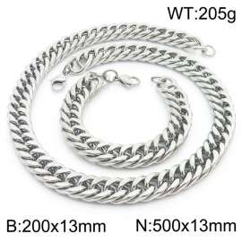 13mm 500mm Stainless Steel Sets Cuban Chain Bracelet Necklace Silver Color