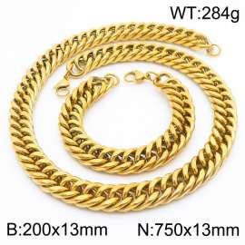 13mm 750mm Stainless Steel Sets Cuban Chain Bracelet Necklace Gold Color