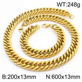 13mm 600mm Stainless Steel Sets Cuban Chain Bracelet Necklace Gold Color