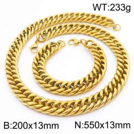13mm 550mm Stainless Steel Sets Cuban Chain Bracelet Necklace Gold Color