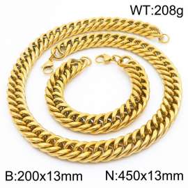 13mm 450mm Stainless Steel Sets Cuban Chain Bracelet Necklace Gold Color