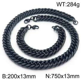 13mm 750mm Stainless Steel Sets Cuban Chain Bracelet Necklace Black Color