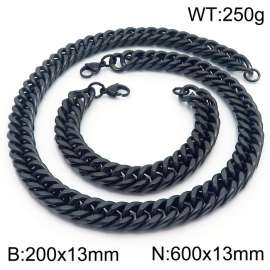 13mm 600mm Stainless Steel Sets Cuban Chain Bracelet Necklace Black Color