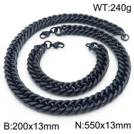 13mm 550mm Stainless Steel Sets Cuban Chain Bracelet Necklace Black Color