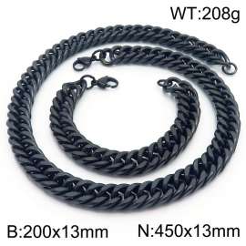 13mm 450mm Stainless Steel Sets Cuban Chain Bracelet Necklace Black Color