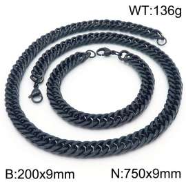 9*200/750mm Simple vacuum electroplating black whip chain stainless steel men's bracelet necklace set