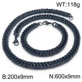 9*200/600mm Simple vacuum electroplating black whip chain stainless steel men's bracelet necklace set