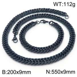 9*200/550mm Simple vacuum electroplating black whip chain stainless steel men's bracelet necklace set