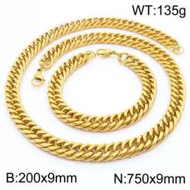 9*200/750mm Simple Vacuum Plating Gold Whip Chain Stainless Steel Men's Bracelet Necklace Set