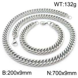 9*200/700mm Simple Silver Whip Chain Stainless Steel Men's Bracelet Necklace Set