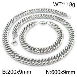 9*200/600mm Simple Silver Whip Chain Stainless Steel Men's Bracelet Necklace Set
