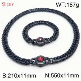 Personalized and popular titanium steel polished whip chain black bracelet necklace set, paired with red crystal snap closure