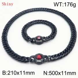 Personalized and popular titanium steel polished whip chain black bracelet necklace set, paired with red crystal snap closure