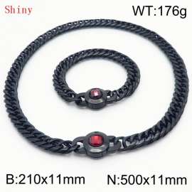 Personalized and popular titanium steel polished whip chain black bracelet necklace set, paired with red crystal snap closure