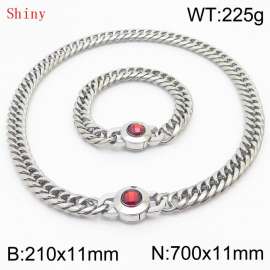 Personalized and popular titanium steel polished whip chain silver bracelet necklace set, paired with red crystal snap closure