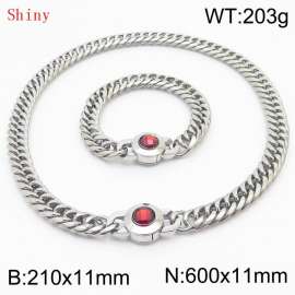 Personalized and popular titanium steel polished whip chain silver bracelet necklace set, paired with red crystal snap closure