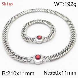 Personalized and popular titanium steel polished whip chain silver bracelet necklace set, paired with red crystal snap closure