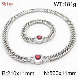 Personalized and popular titanium steel polished whip chain silver bracelet necklace set, paired with red crystal snap closure