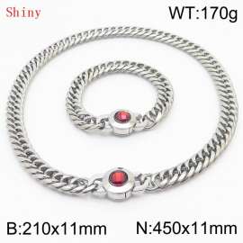 Personalized and popular titanium steel polished whip chain silver bracelet necklace set, paired with red crystal snap closure