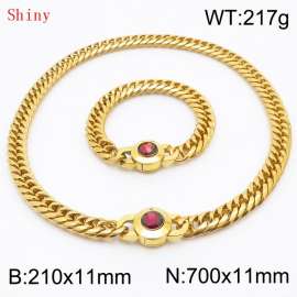 Personalized and trendy titanium steel polished whip chain gold bracelet necklace set, paired with red crystal snap closure