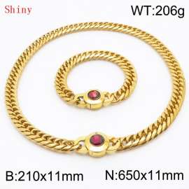 Personalized and trendy titanium steel polished whip chain gold bracelet necklace set, paired with red crystal snap closure