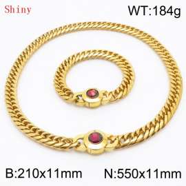 Personalized and trendy titanium steel polished whip chain gold bracelet necklace set, paired with red crystal snap closure