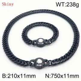 Personalized and popular titanium steel polished whip chain black bracelet necklace set, paired with white crystal snap closure