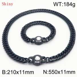 Personalized and popular titanium steel polished whip chain black bracelet necklace set, paired with white crystal snap closure