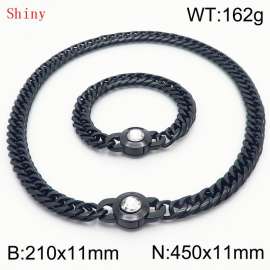 Personalized and popular titanium steel polished whip chain black bracelet necklace set, paired with white crystal snap closure