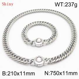 Personalized and popular titanium steel polished whip chain silver bracelet necklace set, paired with white crystal snap closure
