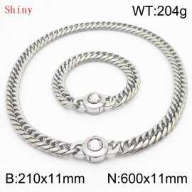 Personalized and popular titanium steel polished whip chain silver bracelet necklace set, paired with white crystal snap closure