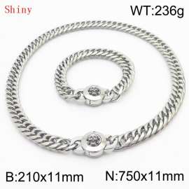 Personalized and popular titanium steel polished whip chain silver bracelet necklace set, paired with skull button