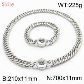 Personalized and popular titanium steel polished whip chain silver bracelet necklace set, paired with skull button