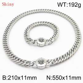 Personalized and popular titanium steel polished whip chain silver bracelet necklace set, paired with skull button