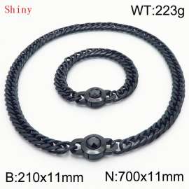 Personalized and popular titanium steel polished whip chain black bracelet necklace set, paired with black crystal snap closure