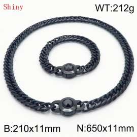 Personalized and popular titanium steel polished whip chain black bracelet necklace set, paired with black crystal snap closure