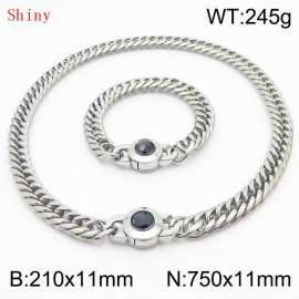 Personalized and popular titanium steel polished whip chain silver bracelet necklace set, paired with black crystal snap closure