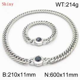 Personalized and popular titanium steel polished whip chain silver bracelet necklace set, paired with black crystal snap closure