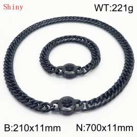 Personalized and trendy titanium steel polished whip chain black bracelet necklace set, paired with skull button