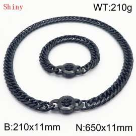 Personalized and trendy titanium steel polished whip chain black bracelet necklace set, paired with skull button