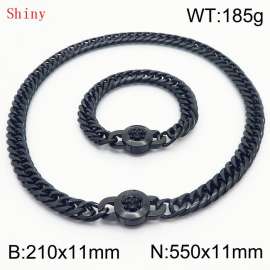 Personalized and trendy titanium steel polished whip chain black bracelet necklace set, paired with skull button